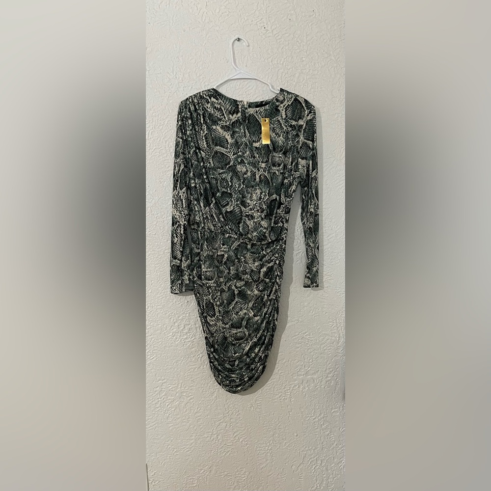 Alexia Admor Black and Gray Snake Print Long Sleeve Draped Dress